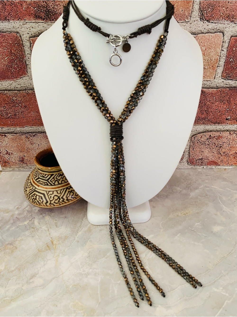 Chico’s Beaded Tassel Y-Necklace in Black and Gold